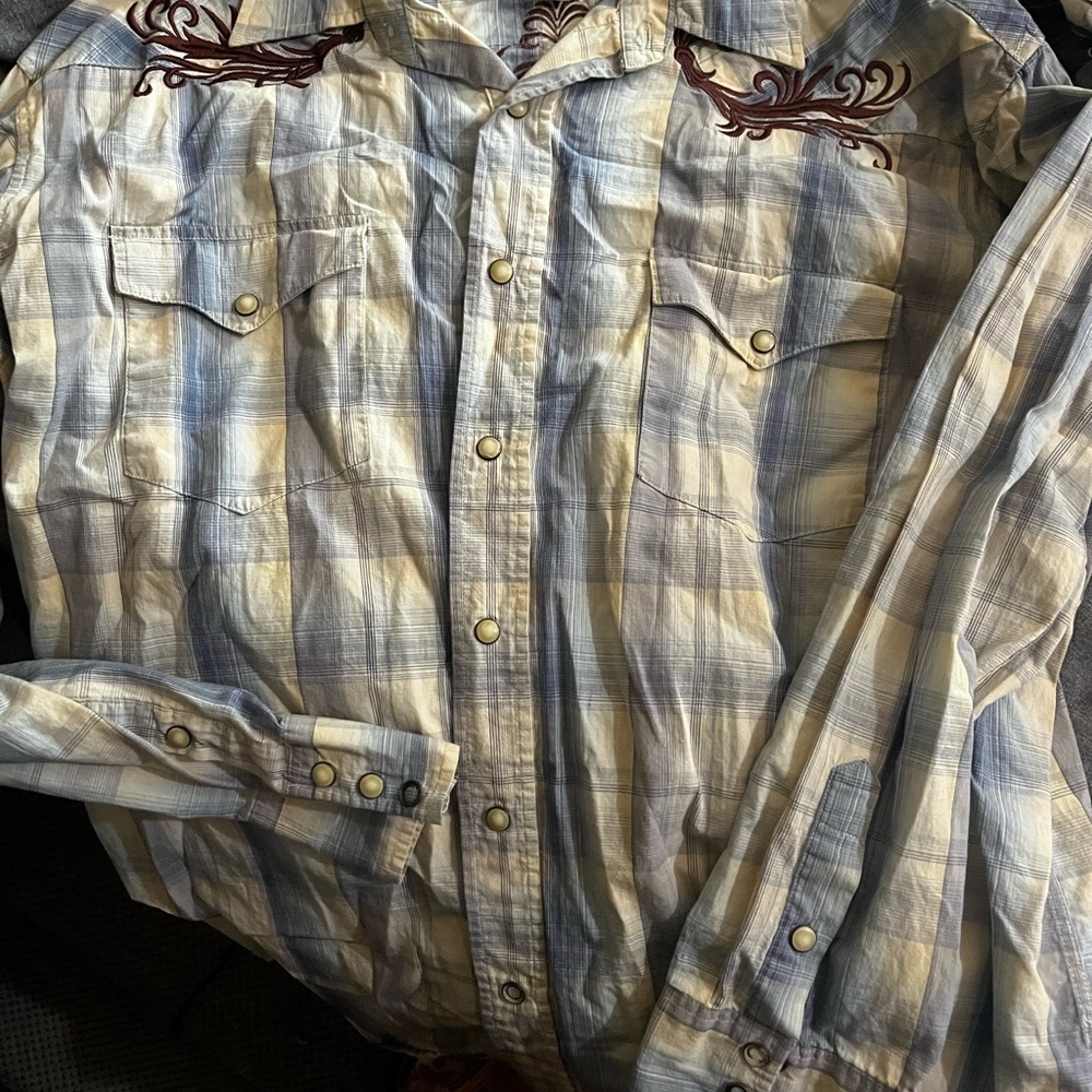 Panhandle Slim Blue and Cream Casual Button Down Shirt